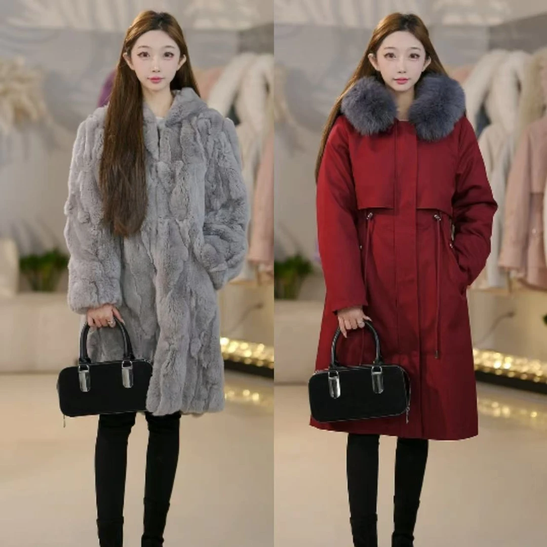 【玉兔獭兔+毛袖】2024新款女士派克服冬季加厚长款休闲时尚大毛领