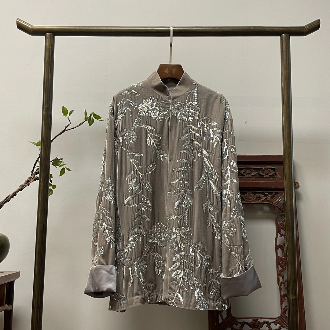 【落日余晖】超重工桑蚕丝绣片丝绒外套W50054