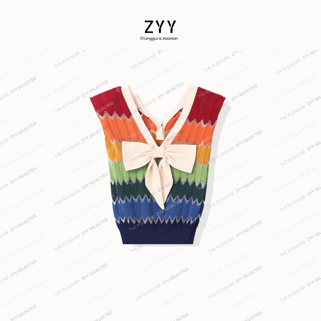 ZYY【彩虹结】2024S/S新品 时尚蝴蝶结V领彩虹条无袖针织衫ZX5182