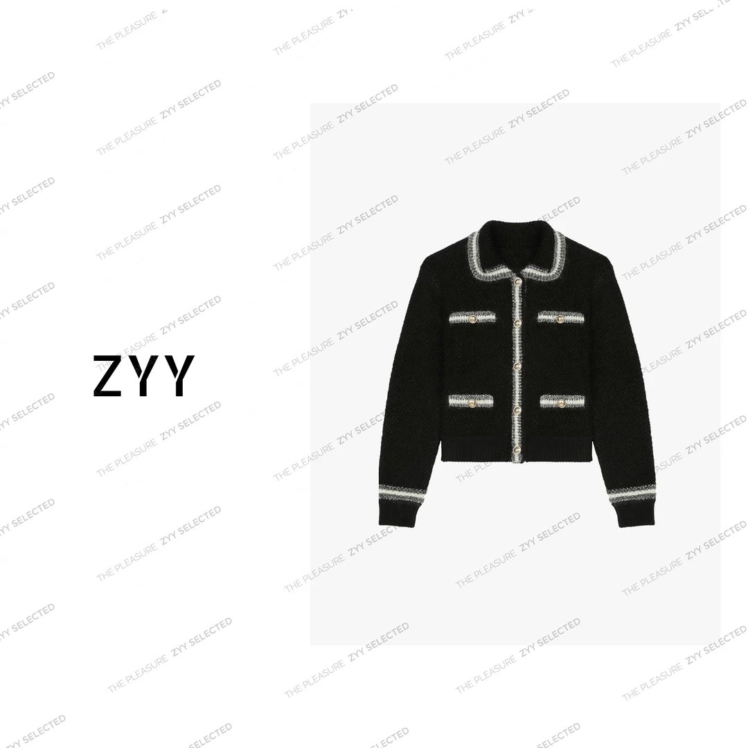 ZYY【星野漫步】2024S/S新品时尚翻领短款长袖毛针织衫女X24DZ11242