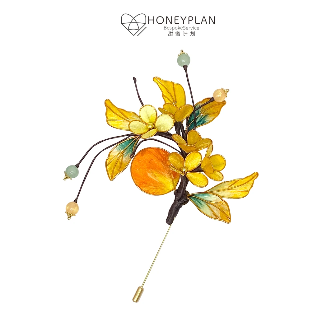 HONEY PLAN/甜蜜计划 合金琉璃胸针 掐丝绒花蚕丝广寒金桂胸针
