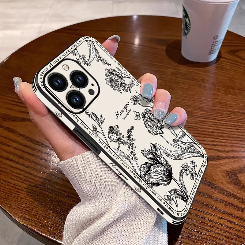 适用苹果16pro轻薄皮纹手机壳郁金香iphone15promax网红女款14pro