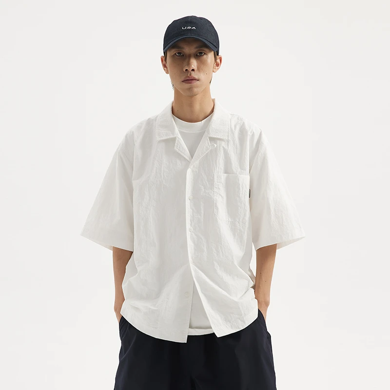 BUTTBILL 日系复古短袖衬衫外套夏季半袖宽松古巴领衬衣男装上衣