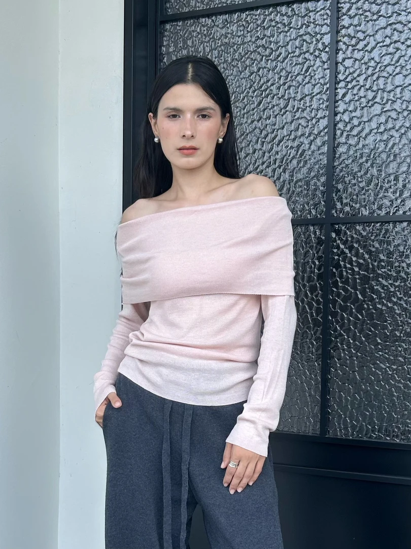 ZC.TenNine 一字领露肩长袖针织衫女秋新款温柔修身显瘦百搭上衣