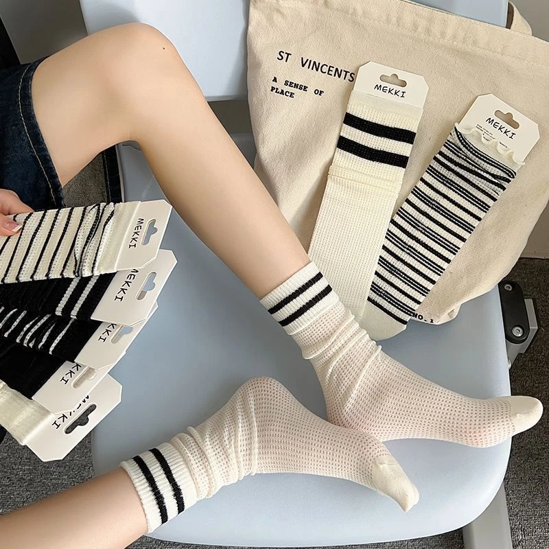 黑白条纹袜子女堆堆袜中筒网眼春夏季薄款小皮鞋夏季女薄款袜子