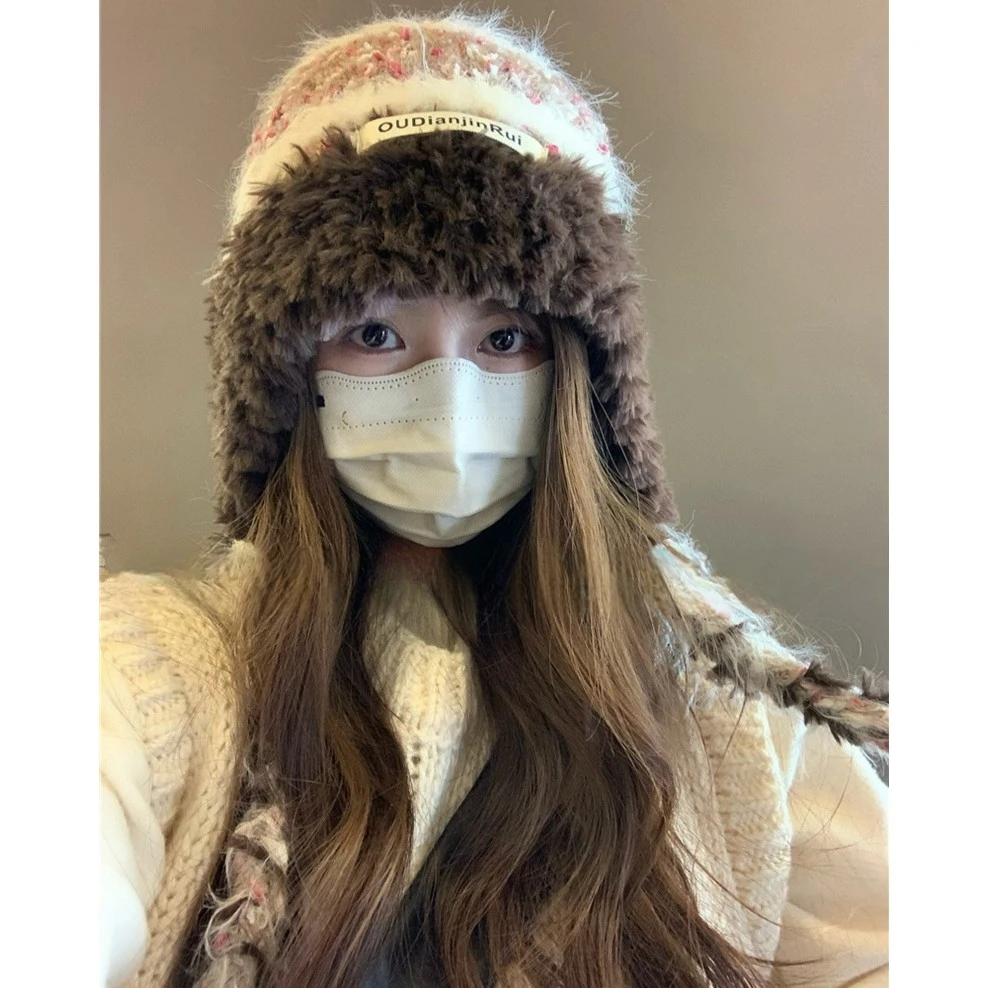 美拉德毛线帽子显脸小女冬季辫子加厚保暖护耳防寒百搭毛绒针织帽