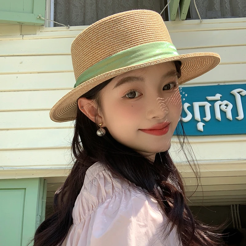 赫本风法式平顶显脸小百搭草帽子女海边度假遮阳防晒帽大头围