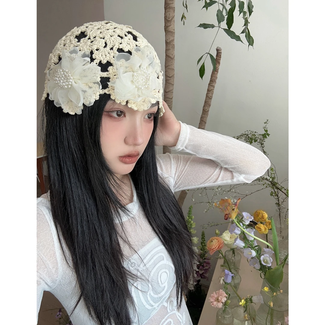 自制韩系夏季花朵套头帽手工钩织镂空包头帽个性百搭男款帽子