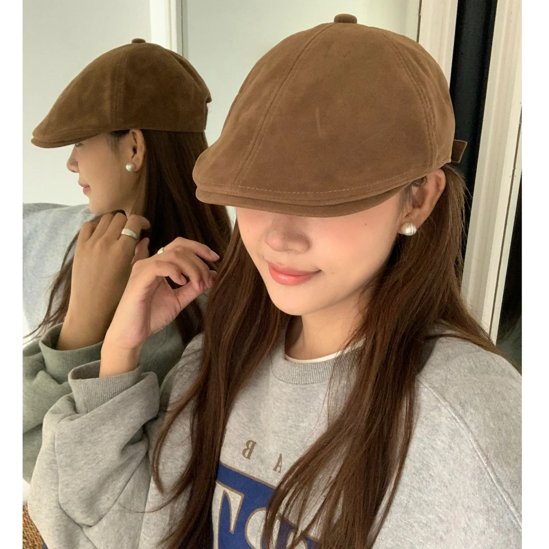 ~棕色复古显脸小前进帽女2024新款贝雷帽秋冬报童帽韩系帽子