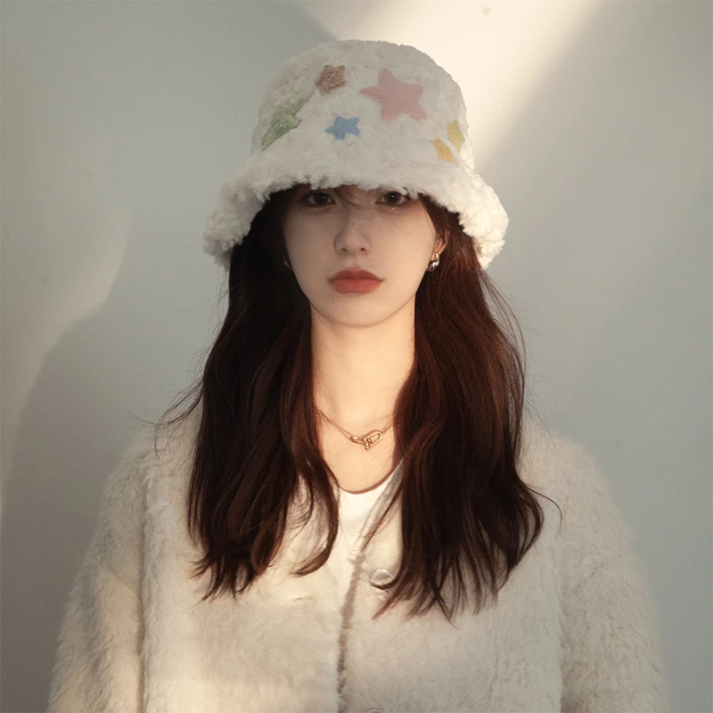 日系甜美星星毛绒渔夫帽秋冬加厚保暖盆帽软糯百搭素颜显脸小ins