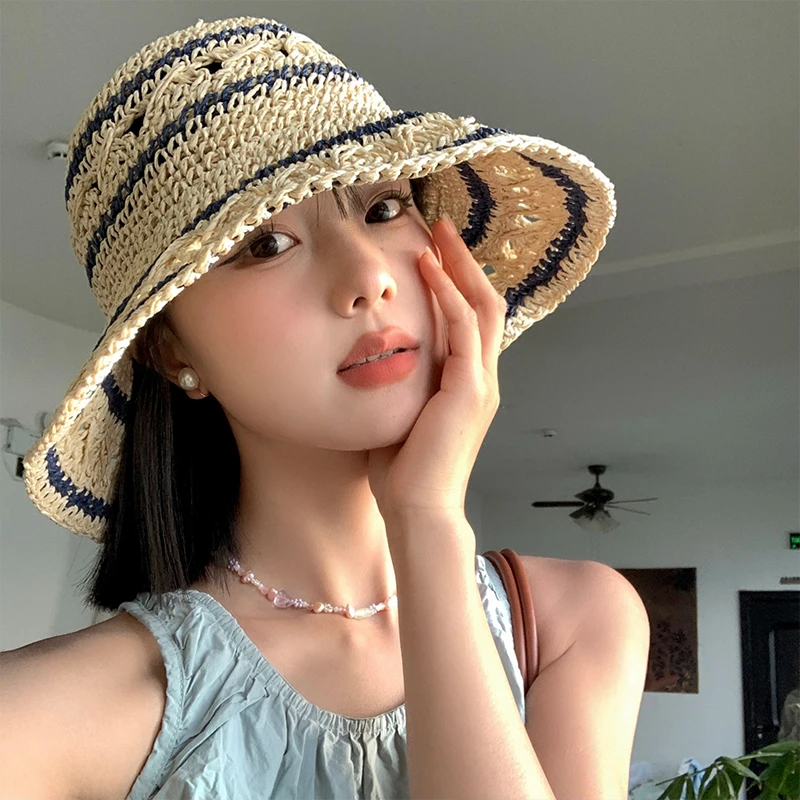 大帽檐渔夫帽女夏镂空透气遮阳防晒沙滩帽子海边度假显脸小太阳帽