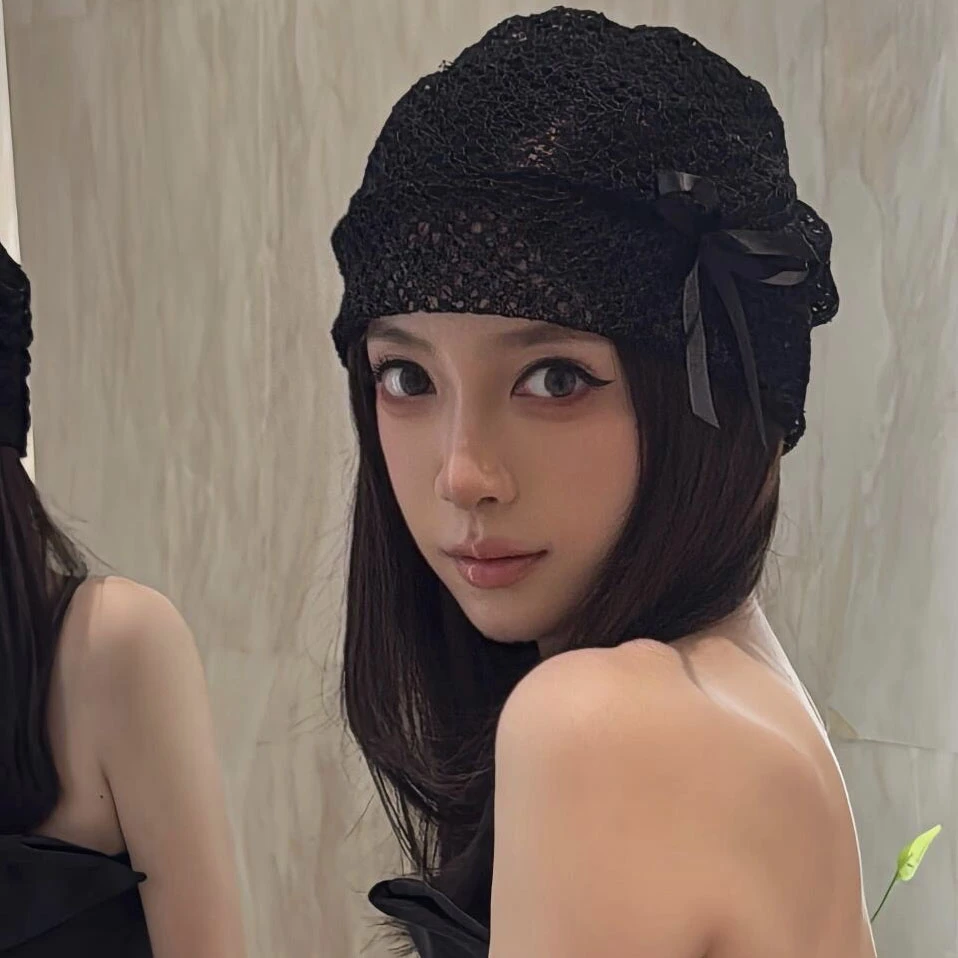 小众设计感镂空蝴蝶结黑色堆堆帽女薄款弹力包头蕾丝帽辣妹冷帽潮
