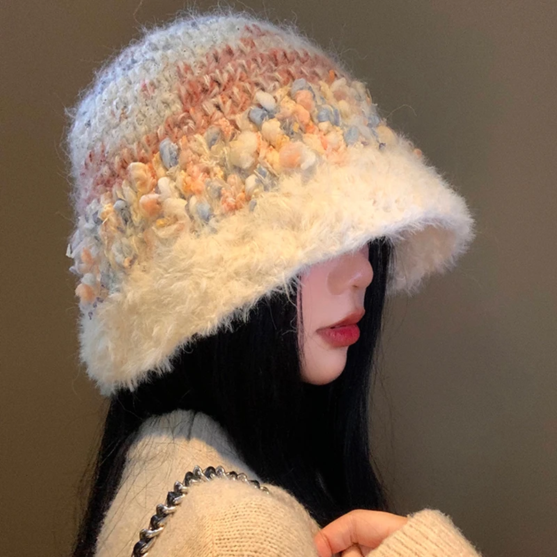 日系毛绒针织渔夫帽女秋冬季韩版显脸小水桶帽保暖防寒毛线帽子潮