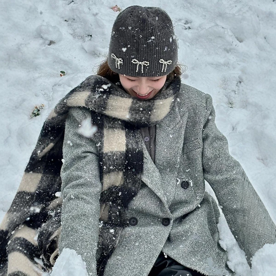 韩国博主同款蝴蝶结针织毛线帽秋冬ins大头围百搭时尚护耳冷帽女