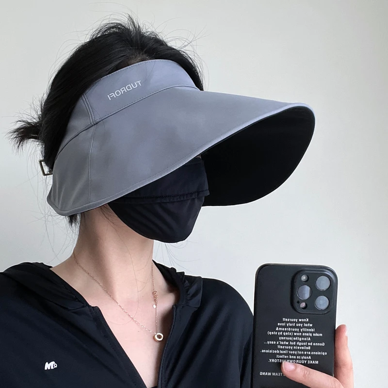 高级感黑胶防晒空顶帽女春夏季纯色百搭防紫外线宽檐可折叠渔夫帽