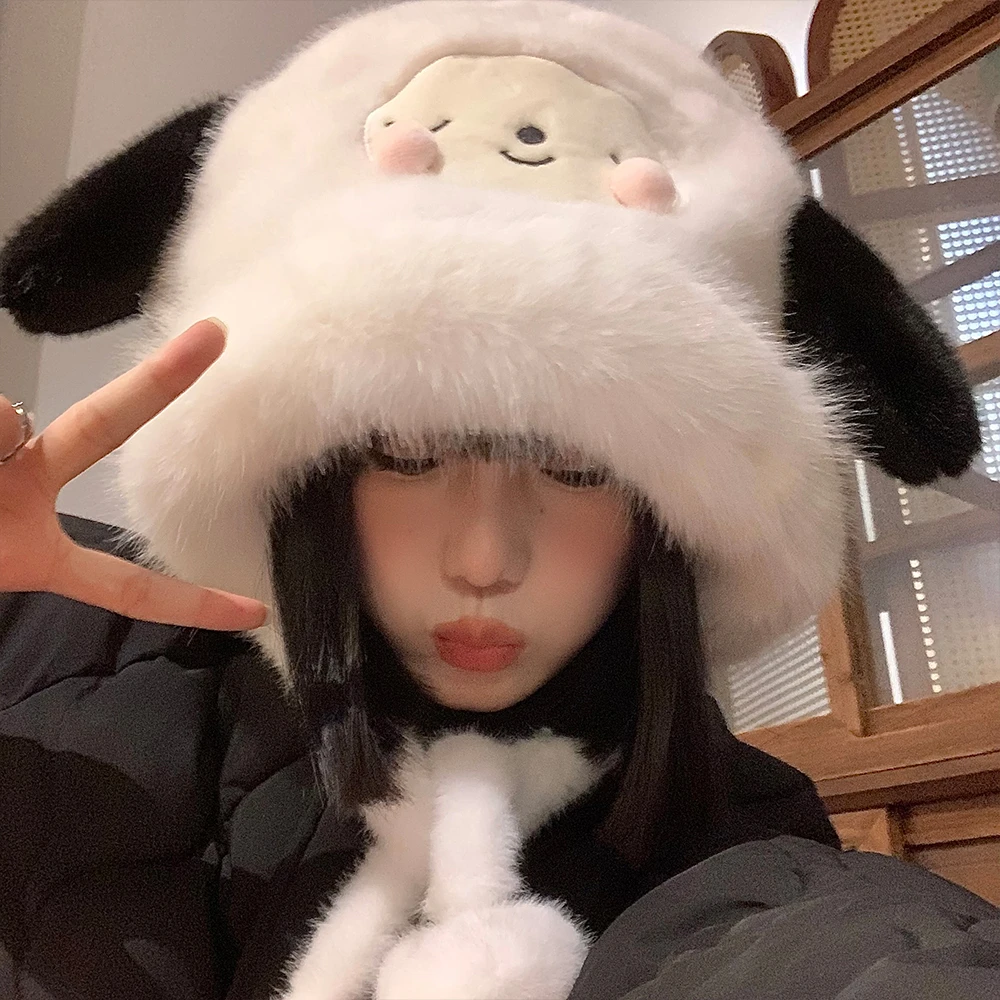 甜美可爱小狗毛绒帽子女秋冬季加厚保暖雷锋帽卡通显脸小护耳帽子