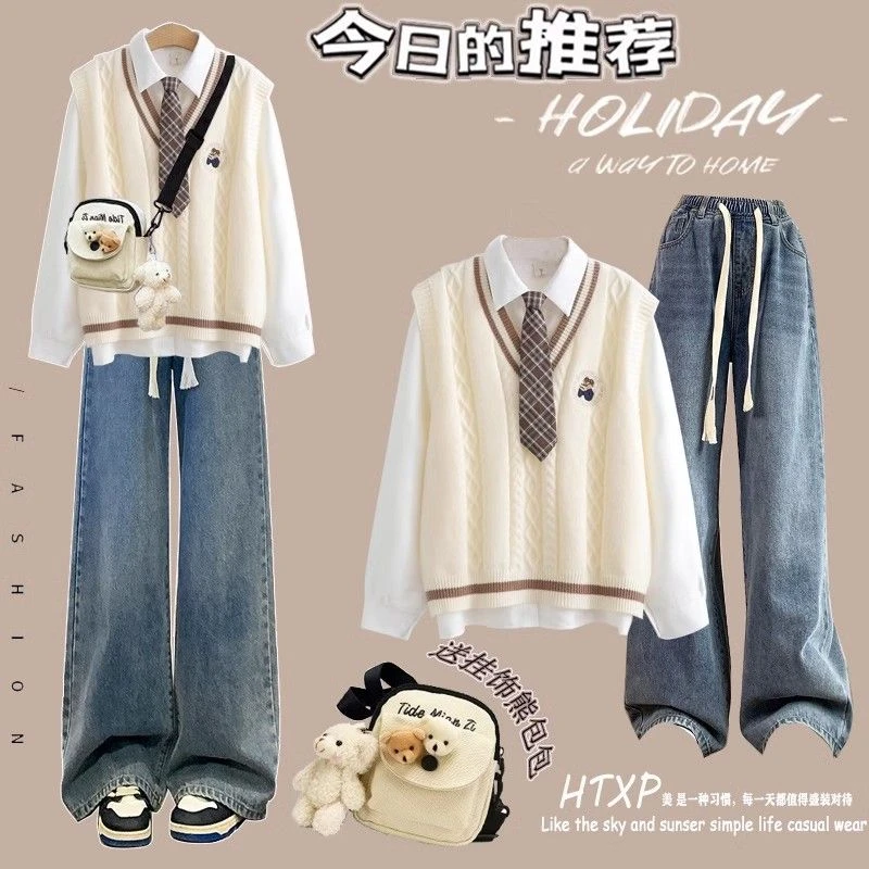 日系学院风衬衫女春秋搭配一整套初高中学生针织马甲JK长袖三件套