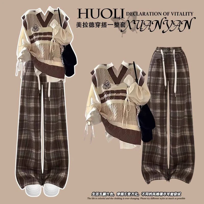 美拉德穿搭韩系学院风套装女装2024秋季新款小个子休闲时尚三件套