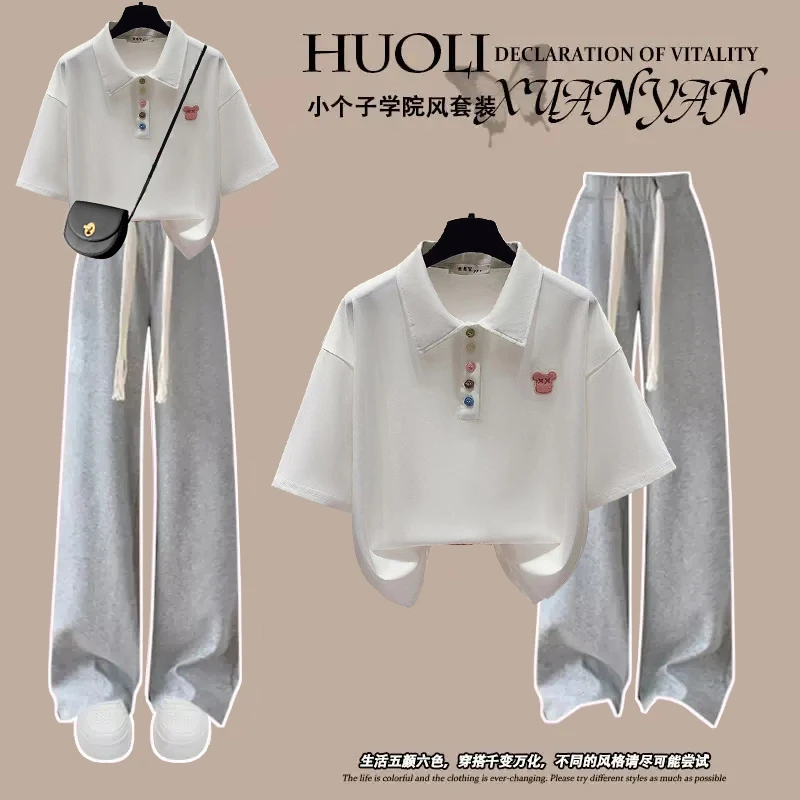 2024夏季新款小清新套装女学生韩版宽松短袖Polo衫+休闲裤两件套