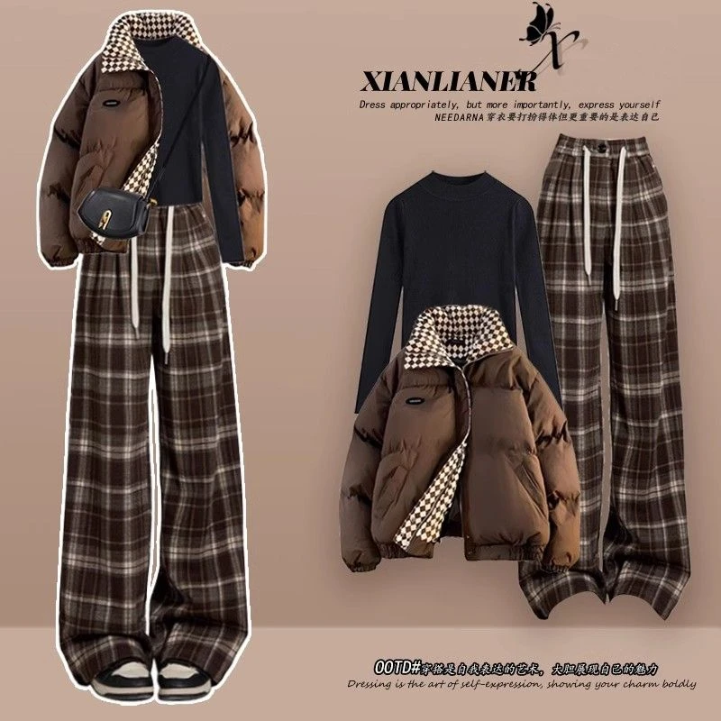 2024冬季女新款棋盘格棉服外套搭配针织衫咖色格子裤工装裤三件套