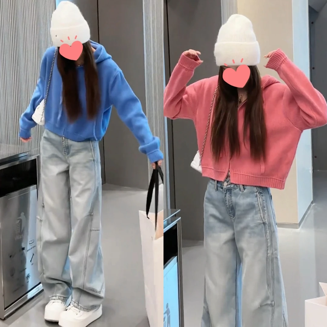 秋装搭配一整套2024秋新款休闲连帽针织外套高腰牛仔裤减龄两件套