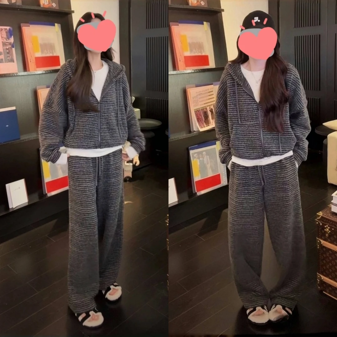 2024秋冬轻奢洋气加厚针织条纹连帽休闲裤子套装时尚韩版运动套装