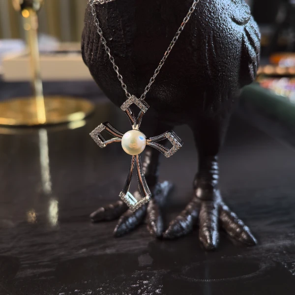 时尚百搭 十字架淡水真多麻珍珠 项链