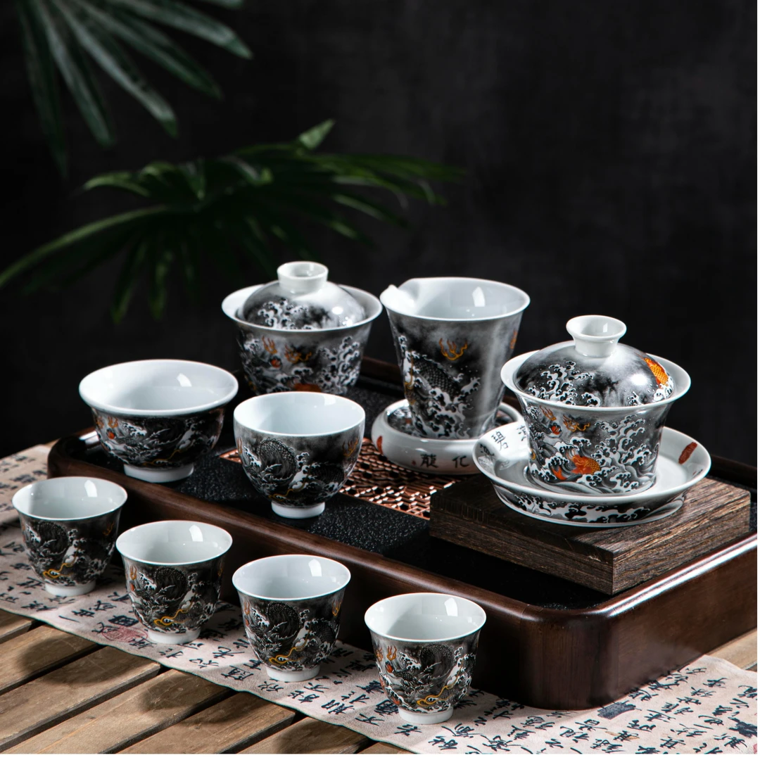 景德镇茶溜子重工手工墨彩鱼化龙马蹄器型茶具套组手工高温瓷陶瓷