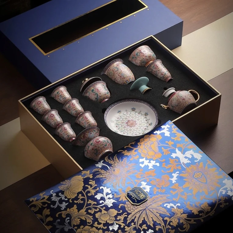景德镇五言六器珐琅彩手工茶具十五头套装礼盒装高温高档自用送礼