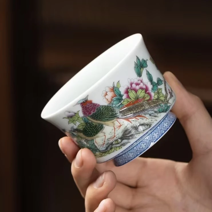 景德镇粉彩主人杯品茗杯单杯个人前程似锦马蹄杯茶碗喝水杯茶杯