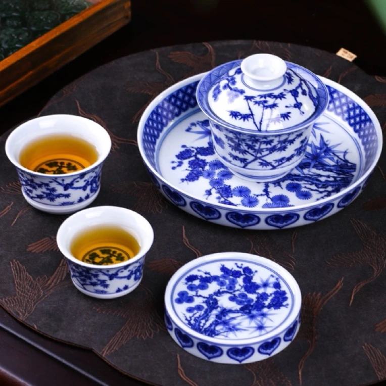 景德镇中式青花红松竹梅茶具茶器中式家用高端五件套礼盒装