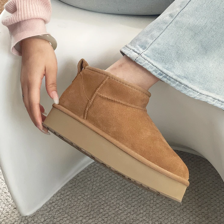 【厚底冬雨】mini短靴桑坡村雪地靴女短筒羊皮毛一体松糕底百搭保暖