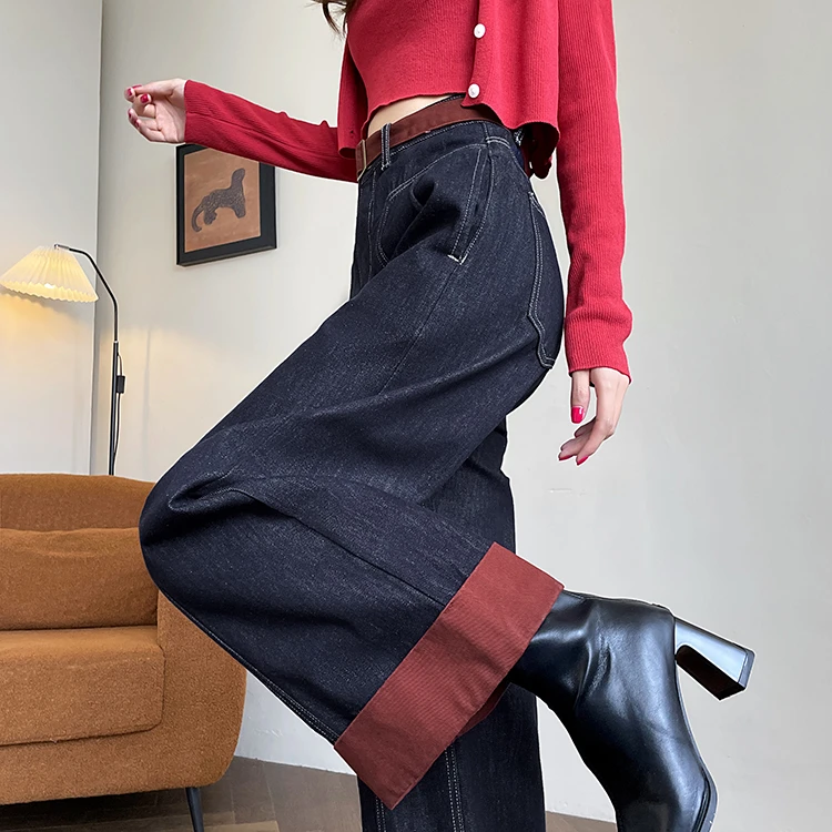 深蓝色直筒牛仔裤女春秋高腰宽松小个子九分撞色翻边拼接阔腿裤子