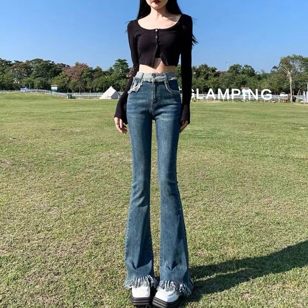 复古流苏微喇牛仔裤女小个子2024新款春秋修身显瘦弹力拖地喇叭裤