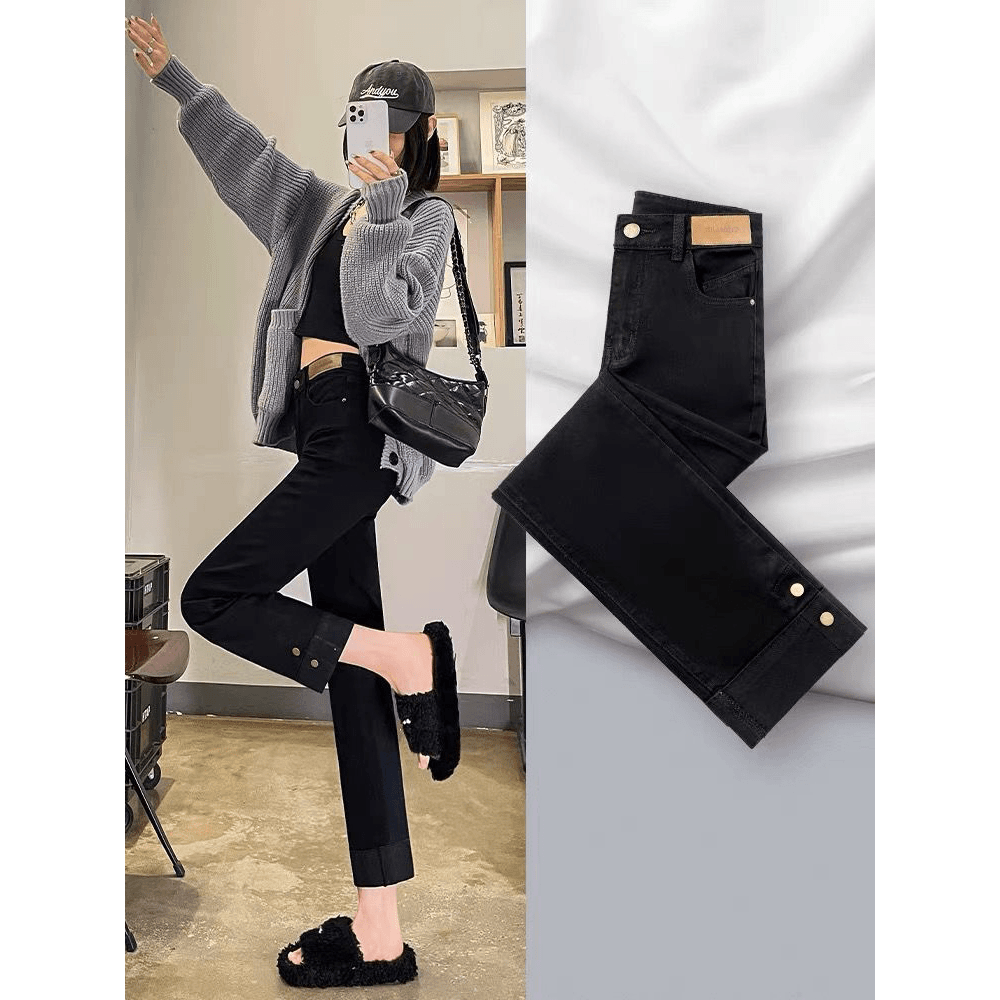 黑色加绒直筒牛仔裤女2023年新款高腰显瘦小个子烟管裤子女秋冬季