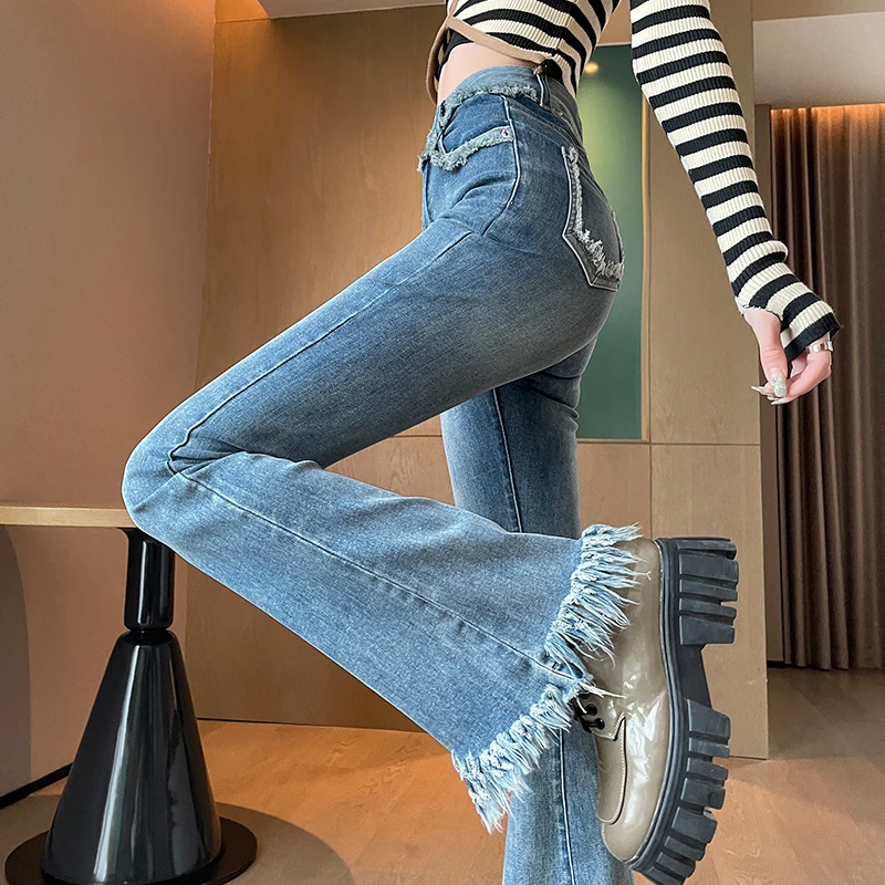 高腰微喇牛仔裤女2024年春秋季新款韩版修身显瘦小个子阔腿喇叭裤