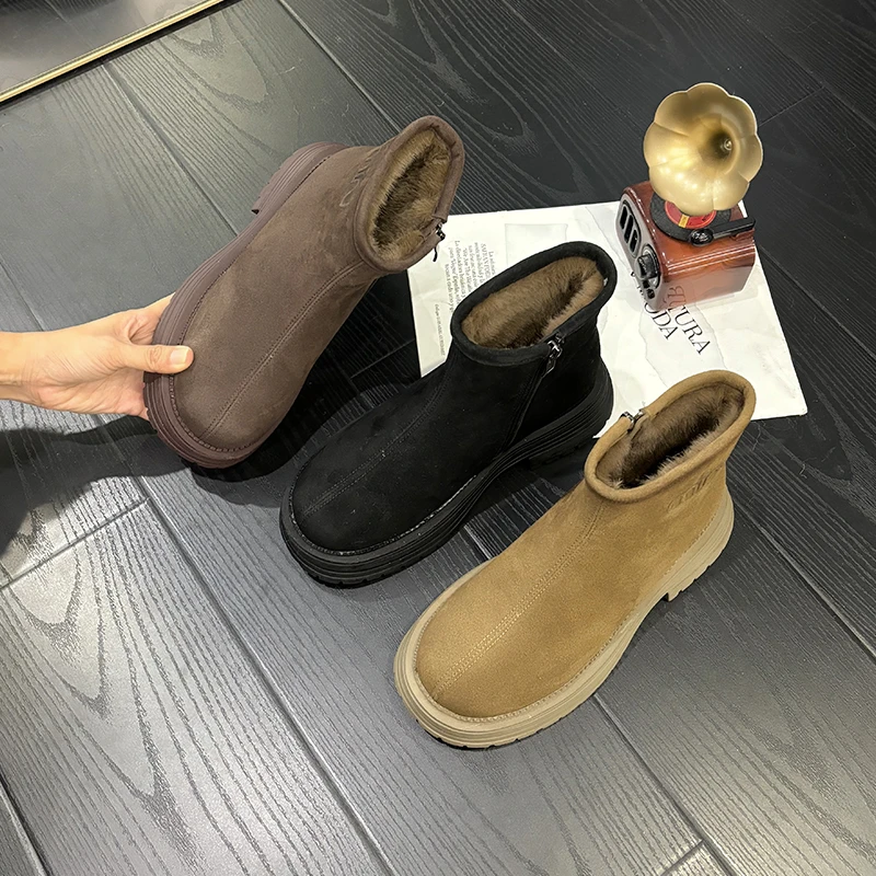 磨砂加绒短靴女休闲防滑百搭加厚厚底保暖短筒马丁靴冬71982