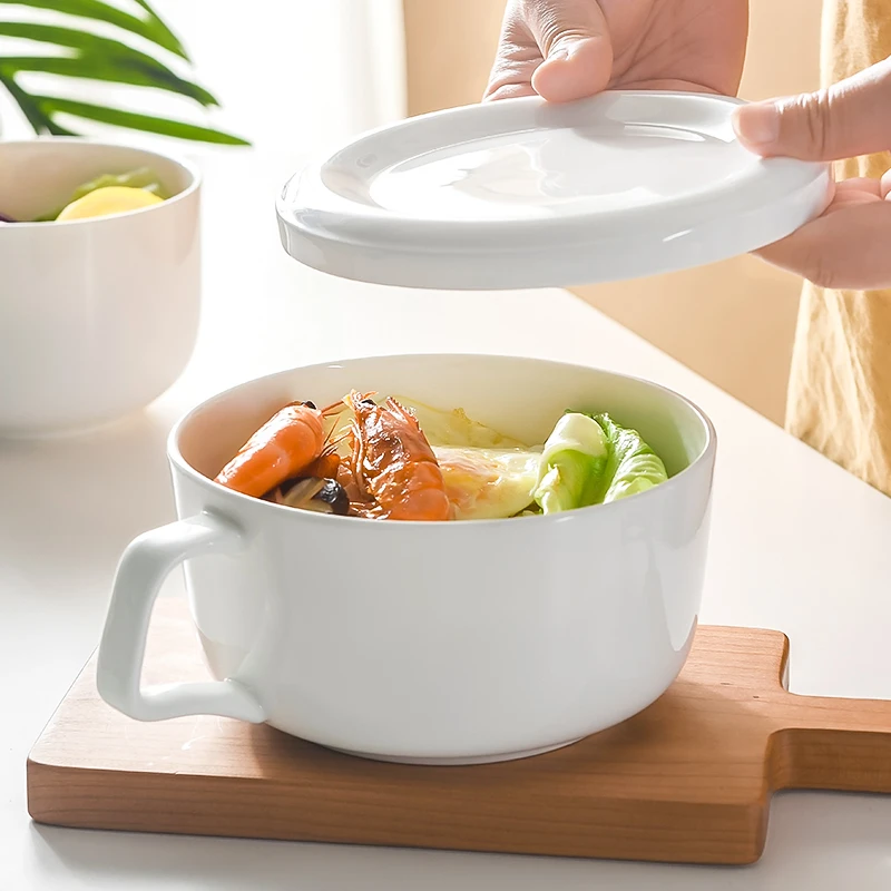 陶瓷饭盒早餐碗带把手的碗食堂打饭专用饭碗带盖碗宿舍用学生面碗