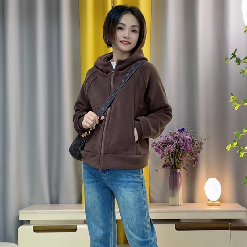 秋冬新款奥粒绒拉链加绒加厚款卫衣洋气减龄连帽百搭上衣