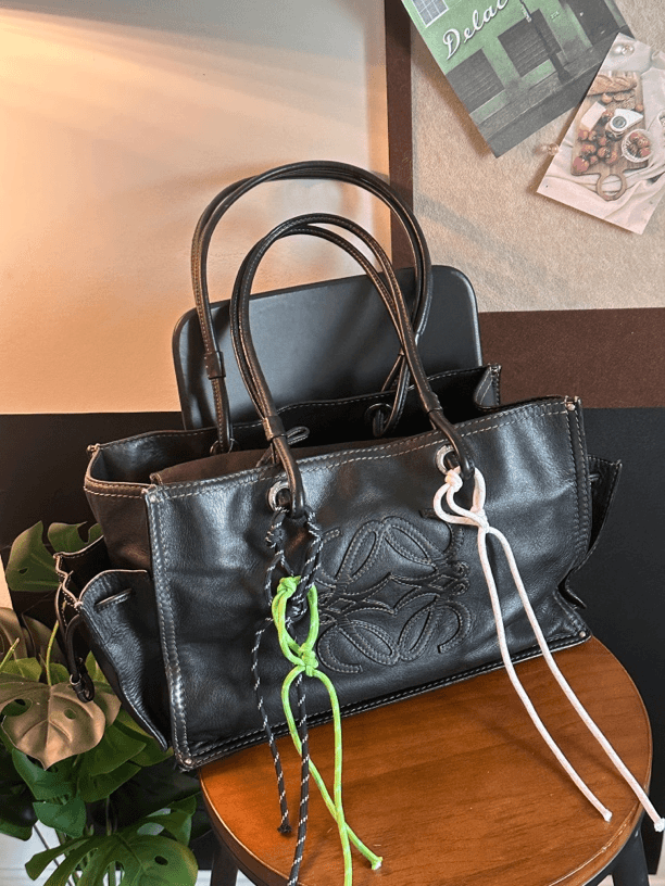 95新 LOEWE/罗意威 牙牙/双面黑色牛皮托特包