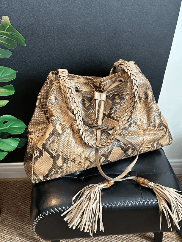 95新 GUCCI/GUCCI 牙牙 蛇皮竹节托特包