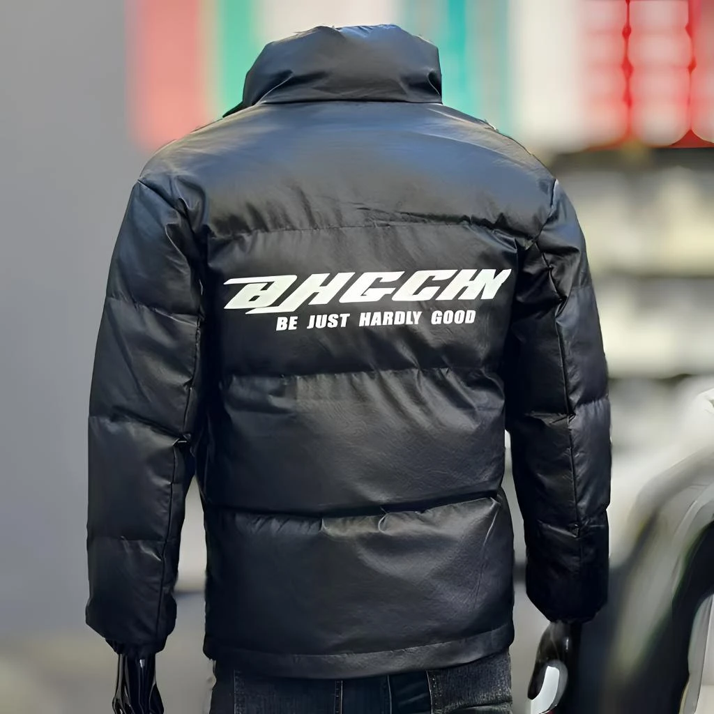 2024新款PU字母压花羽绒服潮牌修身立领免洗外套保暖高街冬季上衣