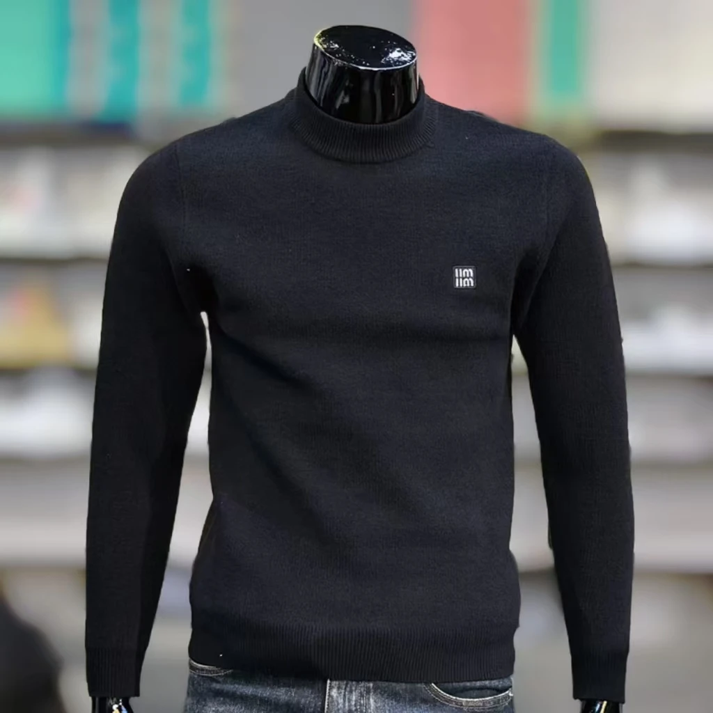 2024冬季加绒加厚半高领纯色打底男士毛衣针织衫内搭刺绣小标线衣