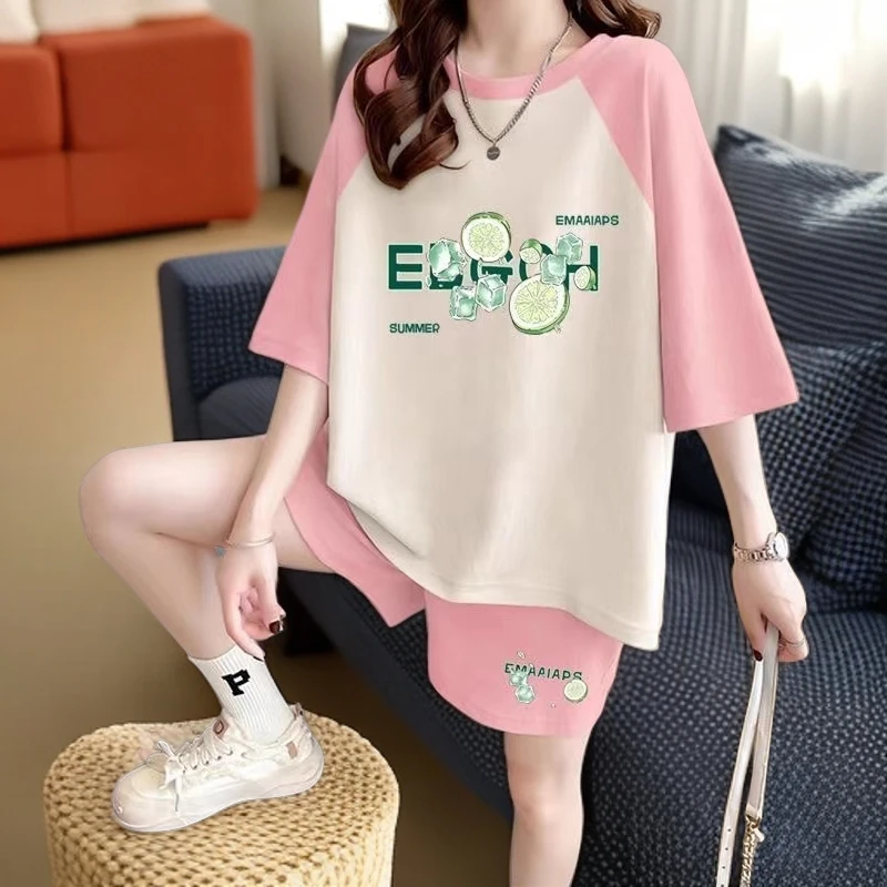 时尚大码女装休闲运动套装女夏季新款宽松显瘦印花短袖短裤两件套