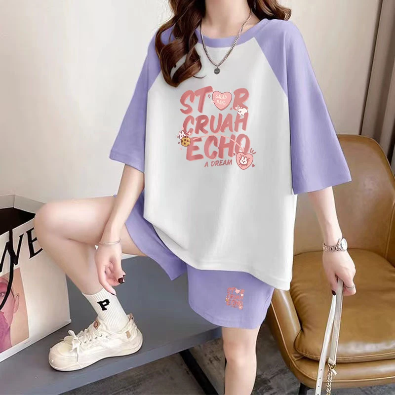 夏季短袖短裤套装女士宽松减龄显白显瘦休闲运动服套装两件套外穿