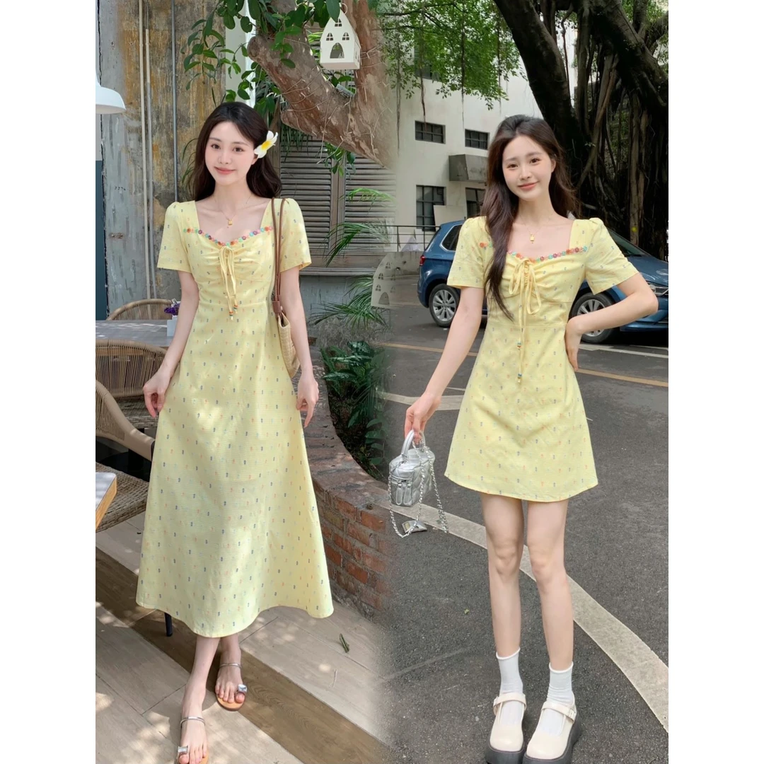 2024大码甜美盛夏度假风花边森系碎花裙A版显瘦温柔连衣裙长短款
