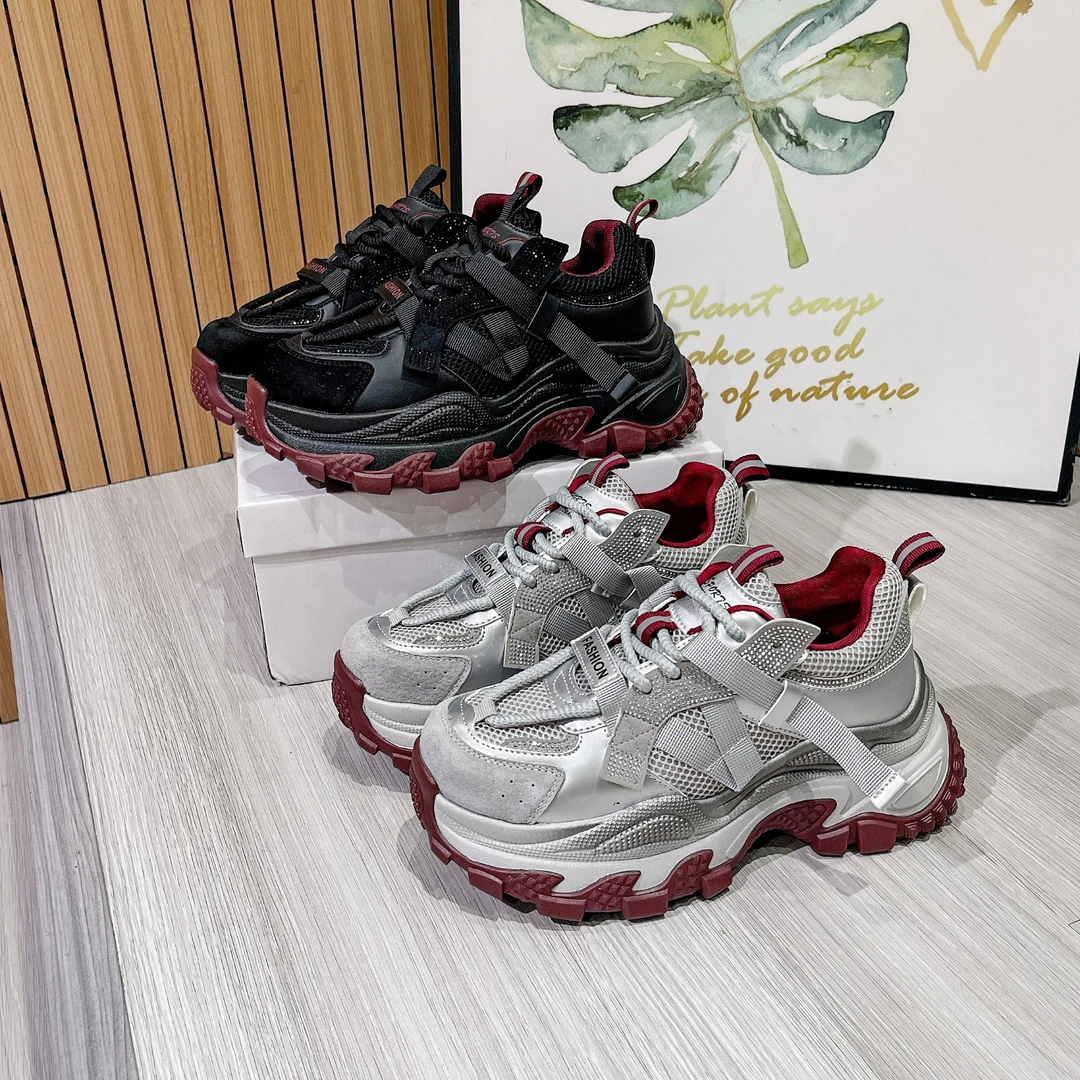 透气厚底增高7cm水钻老爹鞋2024秋季新款潮流软底百搭时尚休闲鞋