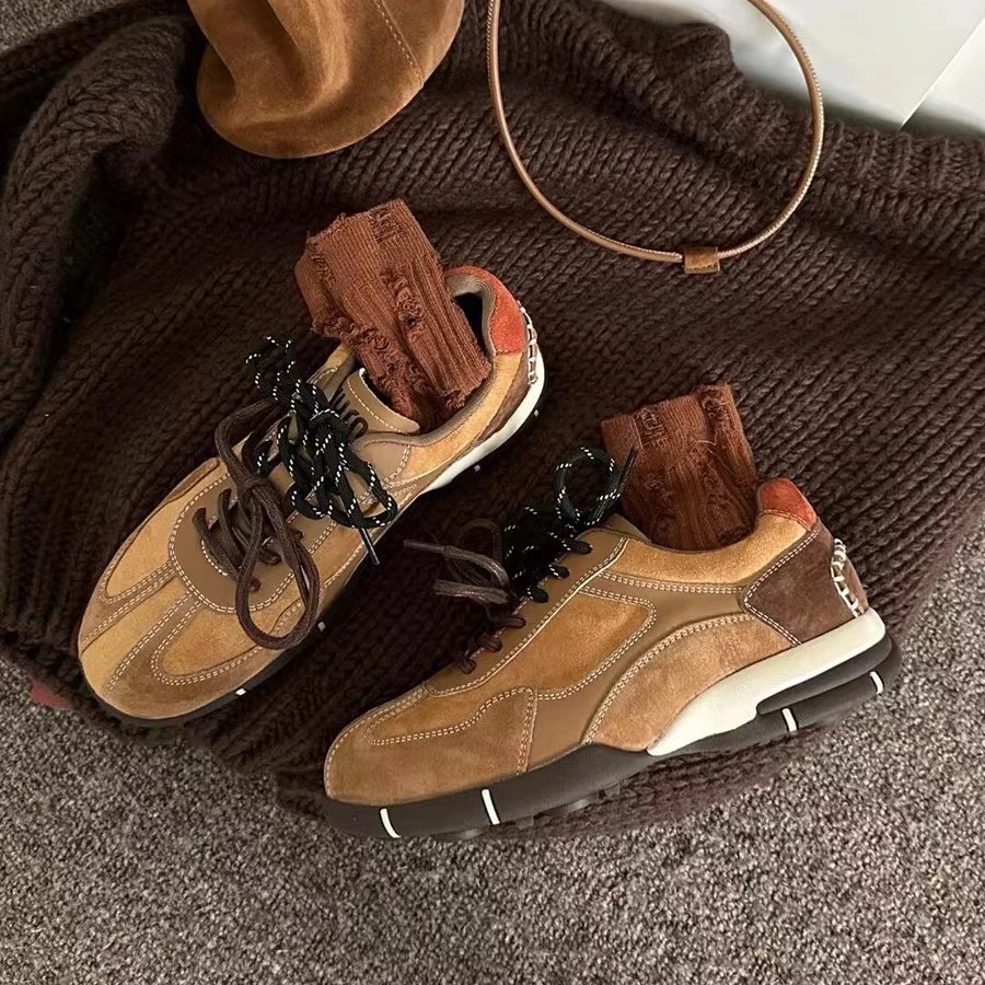 厚底内增高德训鞋女2025新款秋季百搭运动休闲板鞋棕色复古阿甘鞋