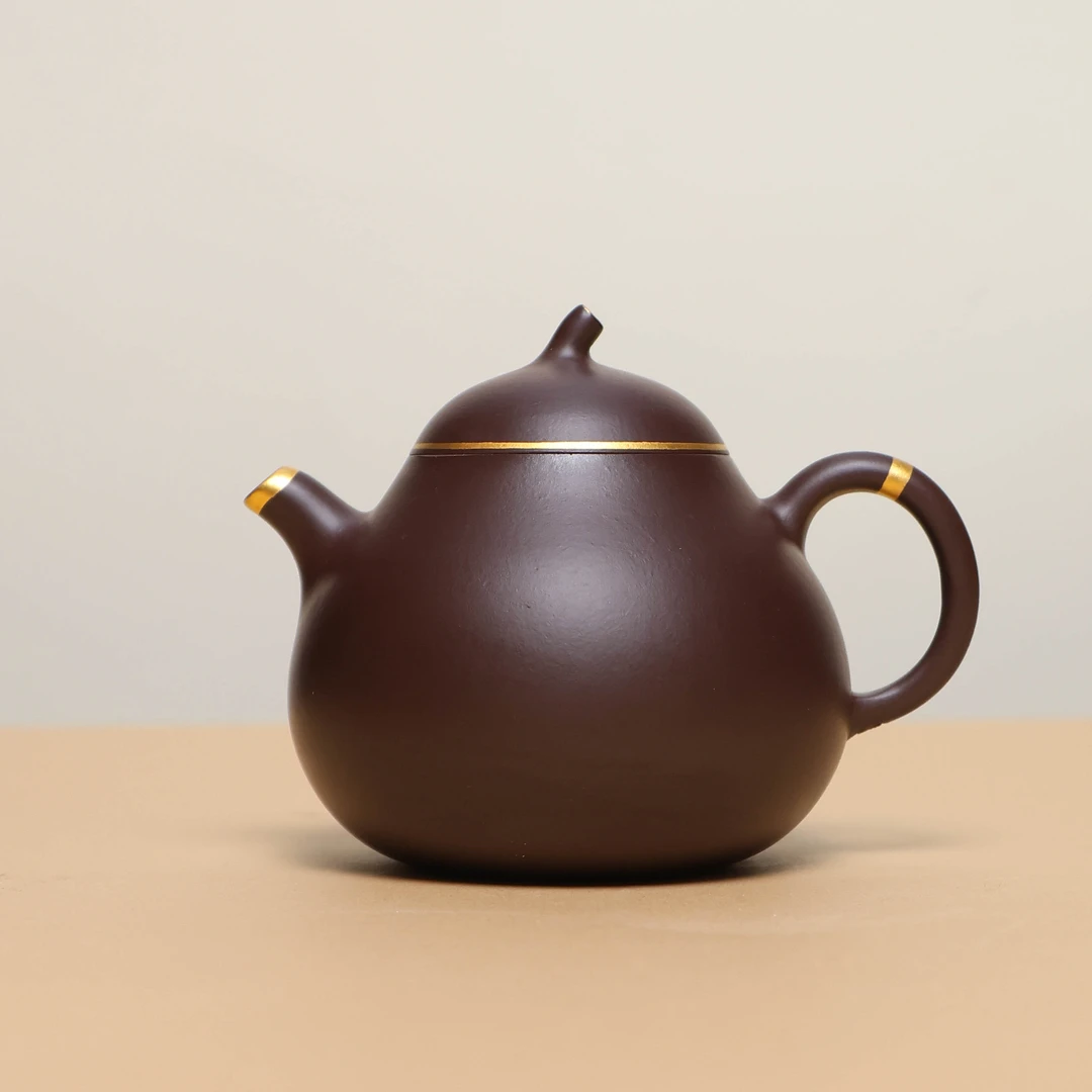 宜兴原矿手工紫砂壶 还原烧  描金茄瓜130cc