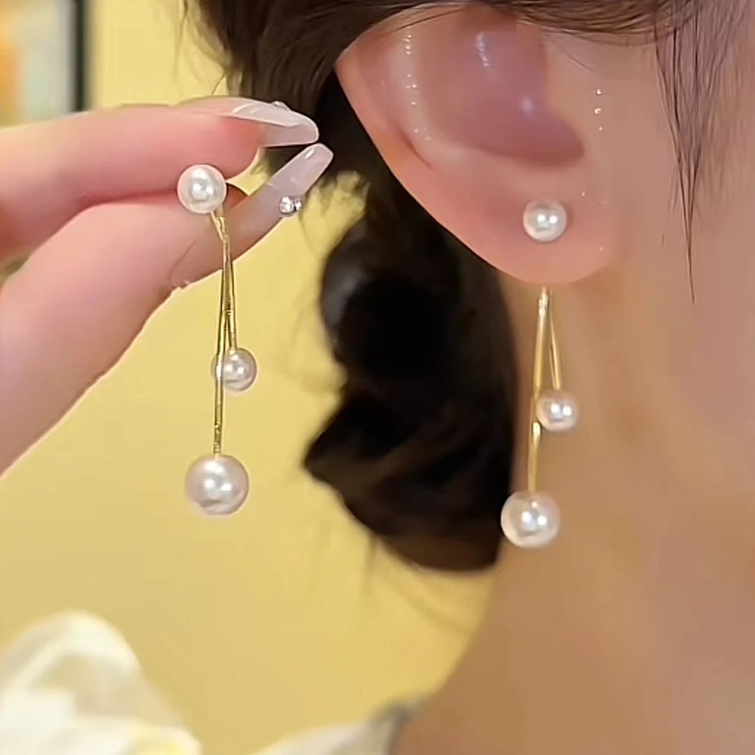 铜合金耳饰 网红珠珠2025年新款耳钉长款流苏百搭气质高级感耳饰